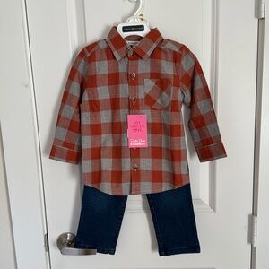 Rugged Butts Clay/Grey Checkered Button Up Long Sleeve and Blue Jeans